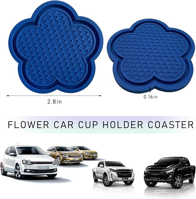 DXNQ 4 PCS Car Cup Coasters, Cute Flower Shaped Car Cup Holder Mat, PVC Waterproof Anti Slip Vehicle Cup Holder Insert Coaster, Universal Car Interior Decor Accessories (Blue)