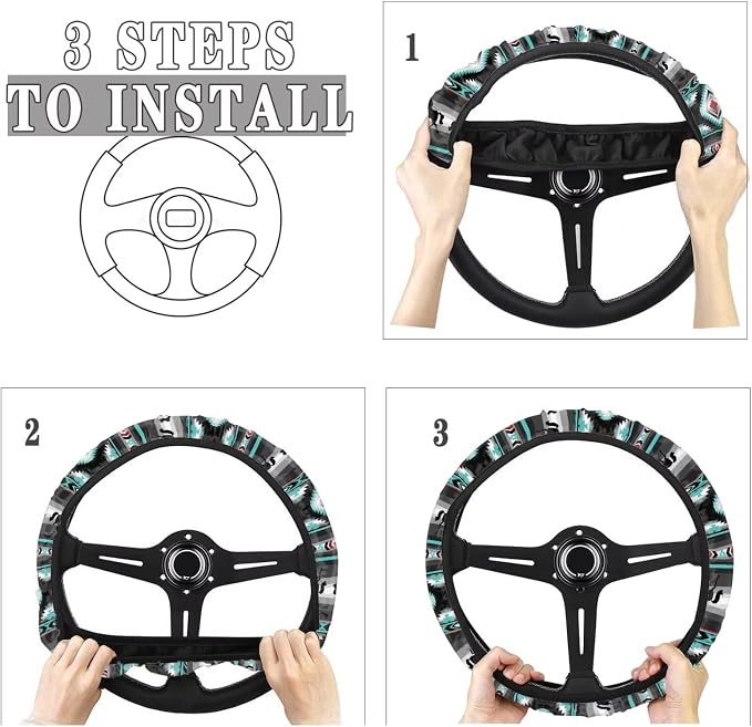 Wanyint Car Steering Wheel Cover, 15 Inch Soft Breathable Steering Wheel Protector for Women Men, Universal Fit for SUV Sedan Van Truck, Aztec Geometric Horse Gray Teal