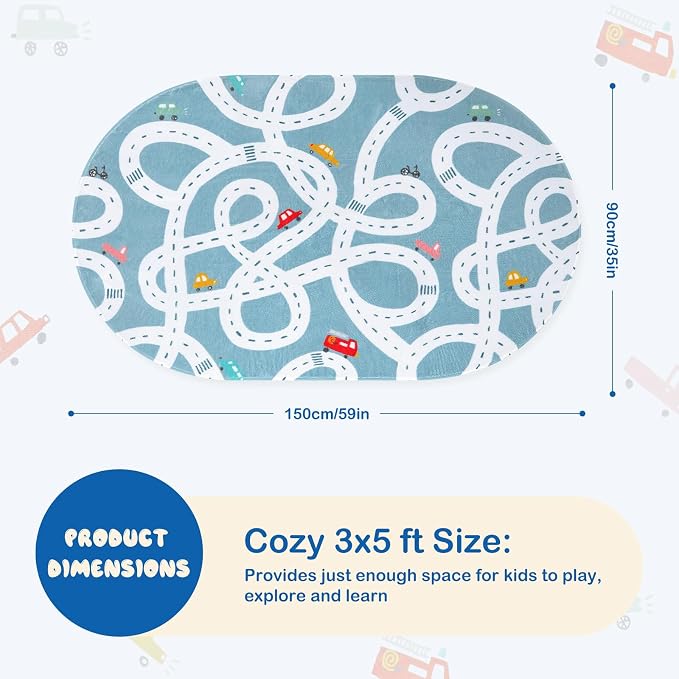 STARUIA Small Road Rug for Kids Room, 3'x5' Washable Kids Play Rug, Non-Slip Car Rugs for Playroom, Kid Play Mat Blue Traffic Carpet for Boys Girls Dorm Toy Room Tent