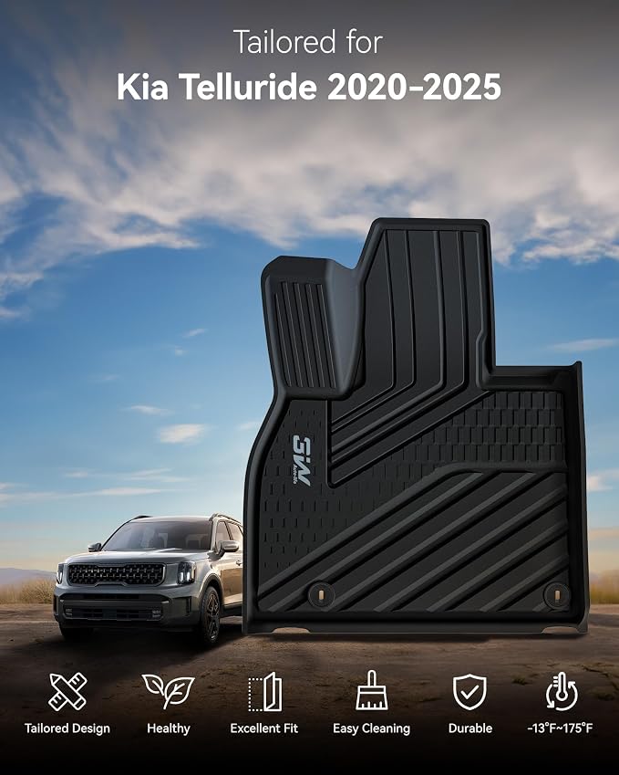3W Floor Mats & Cargo Liner with Backrest Mats for 2020-2025 Kia Telluride 7&8 Seats, TPE All Weather Custom Fit Floor Liners with Full Set Kia Telluride Floor Mats & Trunk Mats Accessories, Black