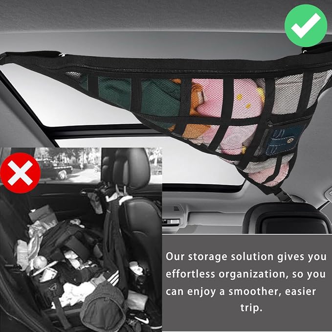Car Ceiling Cargo Net for SUV & Van, Black, 1 Count | Overhead Storage Organizer, 3 Handles, Dual Layer Roof Rack, Fits Ford F150/Jeep/CRV/RAV4, Camping & Road Trip Gear