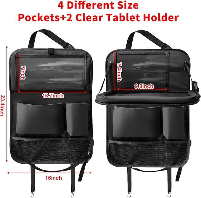 Car Backseat Organizer with Tablet Holder, 6 Storage Pockets Foldable Table Tray Seat Back Protectors Kick Mats Travel Accessories, 2 Pack Black