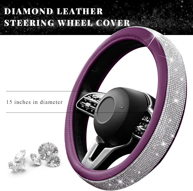 Diamond Leather Steering Wheel Cover, 15 Inch Bling Crystal Rhinestone Anti-Slip Wheel Protector, Universal Sparkling Elegant Diamond Steering Wheels Cover for Women Girl (White&Purple)