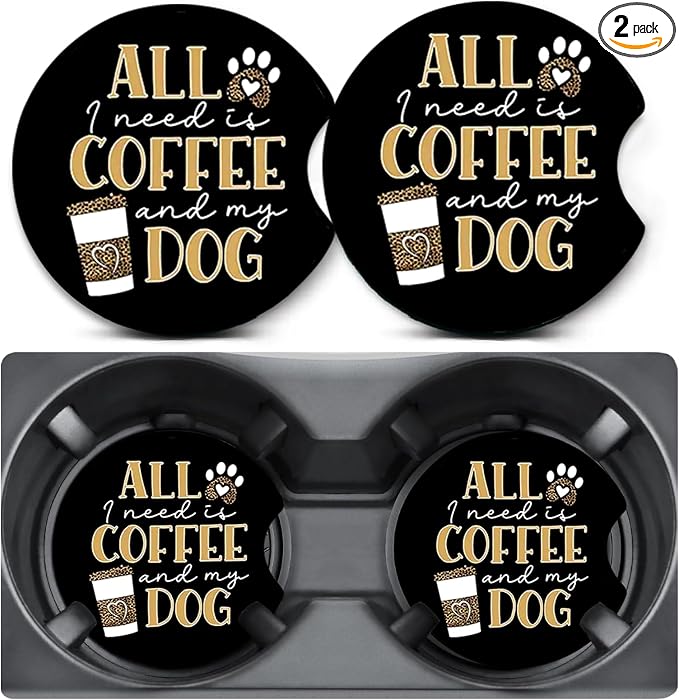 2 Pack Coffee Dog Car Coasters for Cup Holders,Neoprene Anti Slip Mat | 2.75" Universal Size,Auto Rubber Drink Coasters Decor Car Accessories Interior Coffee Dog Gifts for Women Men