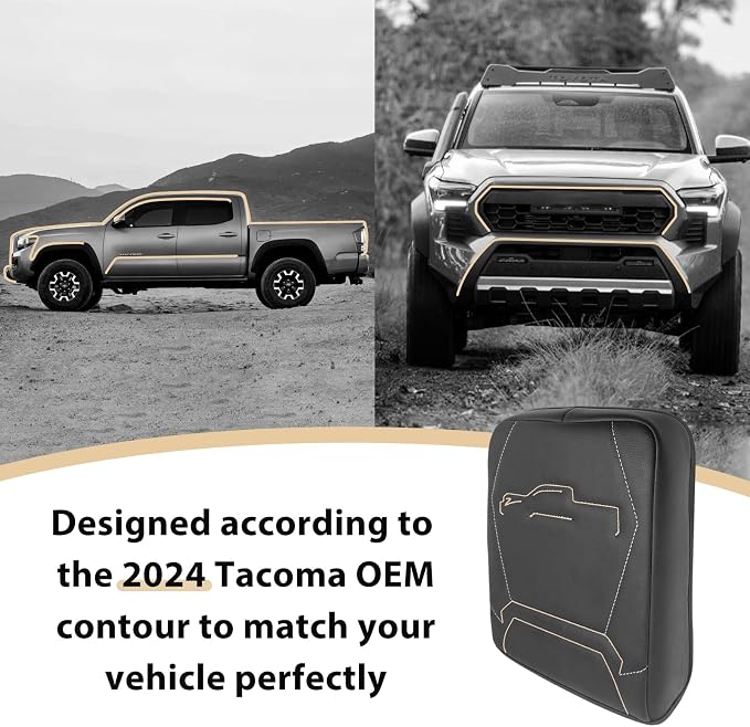 Muslogy Center Console Armrest Cover Fit for Toyota Tacoma 2024 2025 2026 Accessories, Comfort Armrest Pad Console Lid Cushion Protector Vegan Leather Regular Thick(Black/Gray Trim)