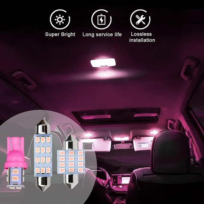24 PCS Car Interior LED Lights Kit 194 T10 DE3175 578 31mm 41mm LED Bulbs Interior Replacement Bulbs for Car Map License Plate Door Side Marker Dome Light (Pink & Purple)
