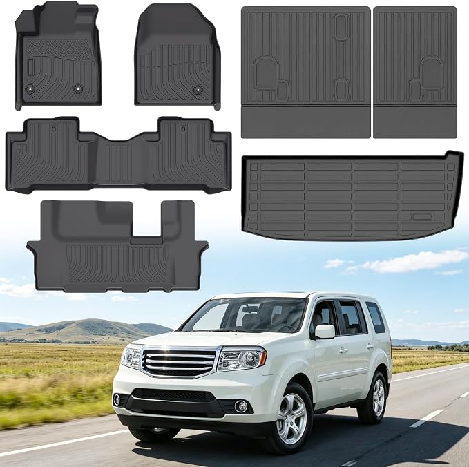 Floor Mats for Honda Pilot 2009-2015 | Heavy Duty TPE All Weather Protection, Waterproof Non-Slip Black Liners (Three-Row Floor Mats & Cargo Liner & Seatback Mat)