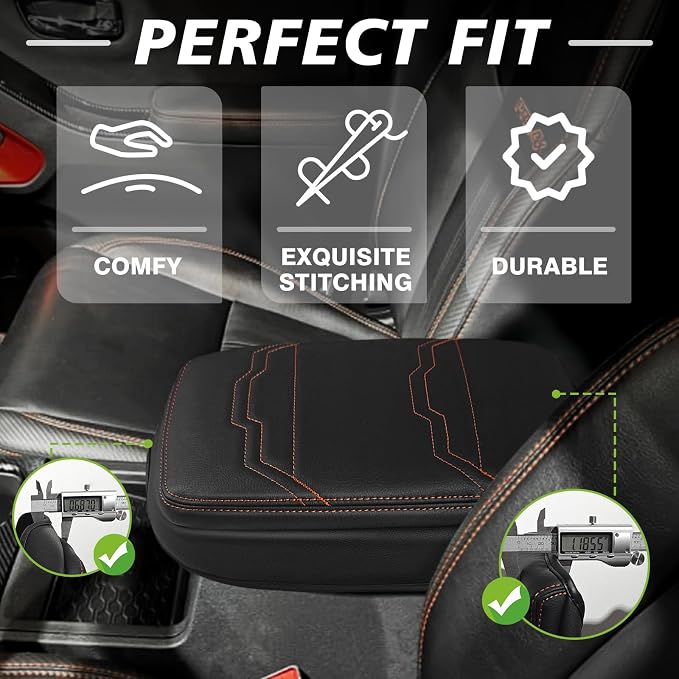 Muslogy Center Console Armrest Cover Fit for Nissan Frontier 2022-2025 2026 Accessories, Comfort Armrest Pad Console Lid Cushion Vegan Leather 1-Inch Extra Thick (V2 Orange Trim)