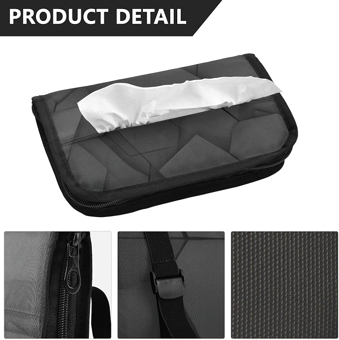 Car Tissue Holder Car Napkin Holder Car Tissue Box Dispenser Storage Case Sun Visor Mask Holder with Adjustable Straps Reusable Refillable Black Geometric Polygon