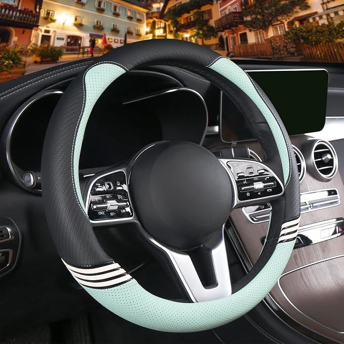Small 14 inch Cute Leather Steering Wheel Cover Black and Green | Breathable Non-Slip Faux Leather and Carbon Fiber Car Accessories for Women Men 13.5 inch to 14 inch