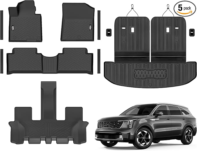 Floor Mats & Trunk Mat with Backrest Mat for 2021-2026 Kia Sorento Fuel | All Weather TPE Rubber Cargo Liner Back Seat Cover 3rd Row for 2021-2026 Sorento Gas 6&7 Seats Accessories(Non Hybrid)