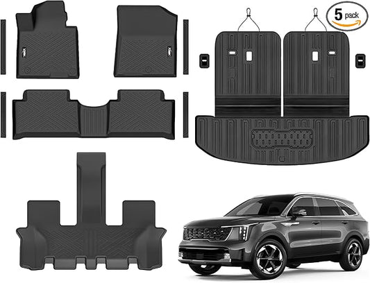 Floor Mats & Trunk Mat with Backrest Mat for 2021-2026 Kia Sorento Fuel | All Weather TPE Rubber Cargo Liner Back Seat Cover 3rd Row for 2021-2026 Sorento Gas 6&7 Seats Accessories(Non Hybrid)