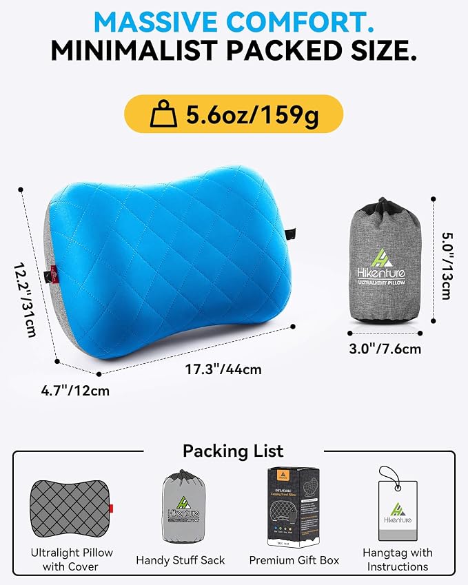 Hikenture Camping Pillow with Removable Cover, Ultralight Inflatable Pillow | Ergonomic Neck Lumber Support, Upgrade Leakproof Backpacking Pillow, Portable Packable for Hiking, Beach, Travel