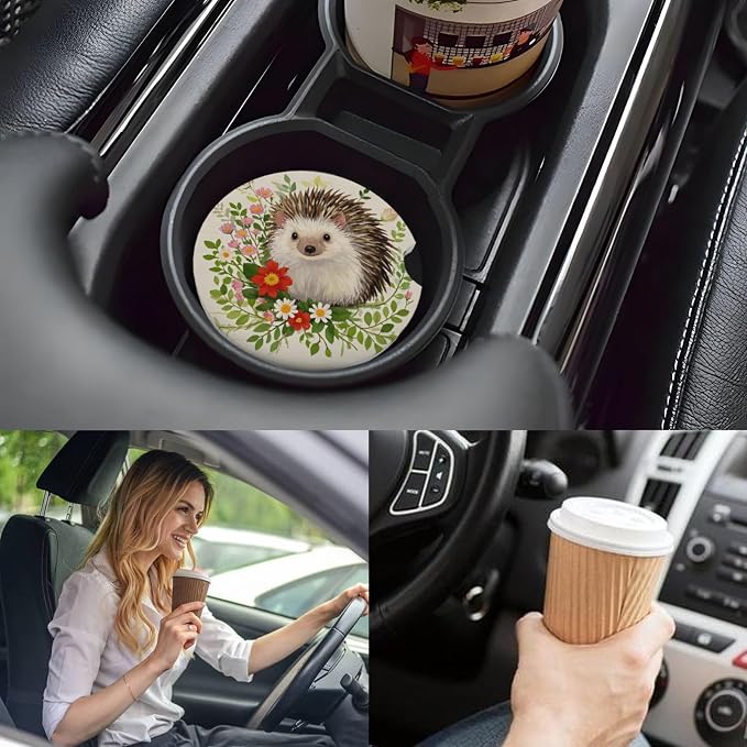 Ceramic Car Cup Coasters 2PCS - Hedgehog | with Cork Back & Finger Slot, Anti-Slip Shock Absorbing, Universal Car Interior Accessories for Men Women