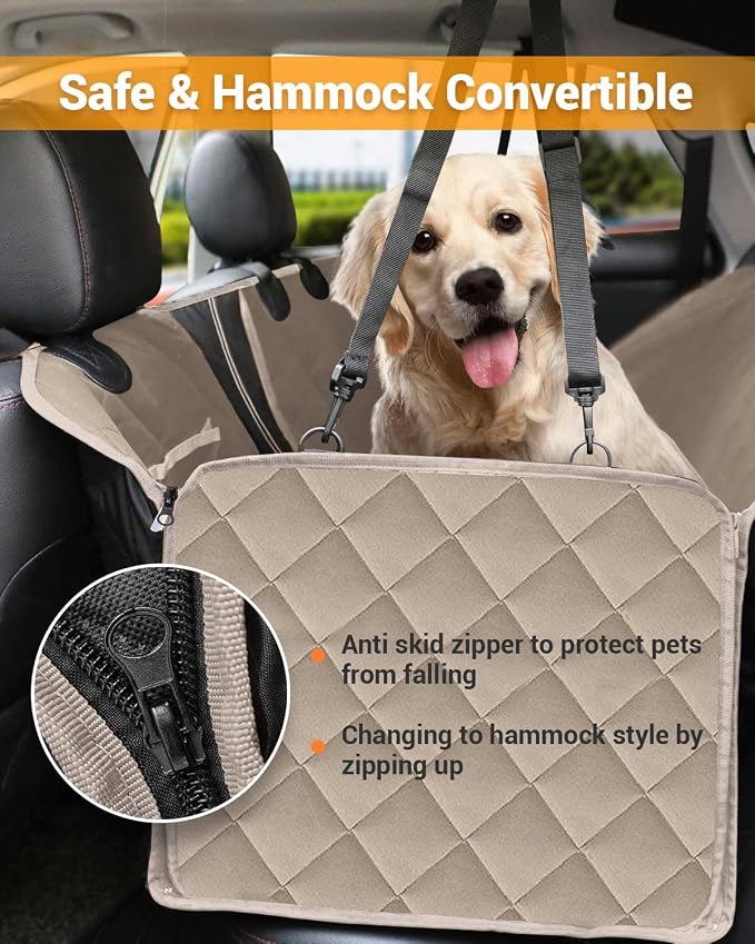 Dog Car Seat Cover, 600D Heavy Dute Car Seat Cover for Dogs Pets, 100% Waterproof Anti-Scratch Nonslip Dog Hammock for Cars, Seat Covers Protector with SeatBelt for Sedan SUV Truck Standard Khaki