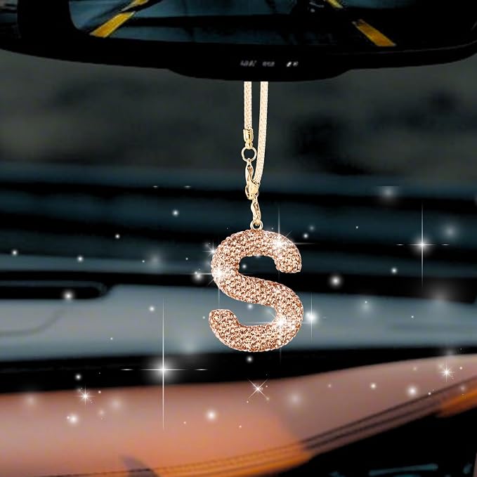 Bling Car Accessories for Women Letter Charm, Rainbow Crystal Rearview Mirror Pendant, Cute Diamond Rhinestone Car Decor, Lucky Gift for Women(S, Champagne Gold)