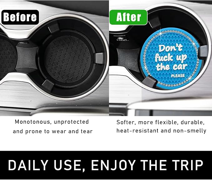 Ohleats Bling Car Cup Coaster, 2.75 Inch Non-Slip Don't Fuck Up My Car Please Cup Holder Insert Coaster, Crystal Rhinestone Auto Drink Cup Mat, Universal Car Accessories (Light Blue-4PCS)