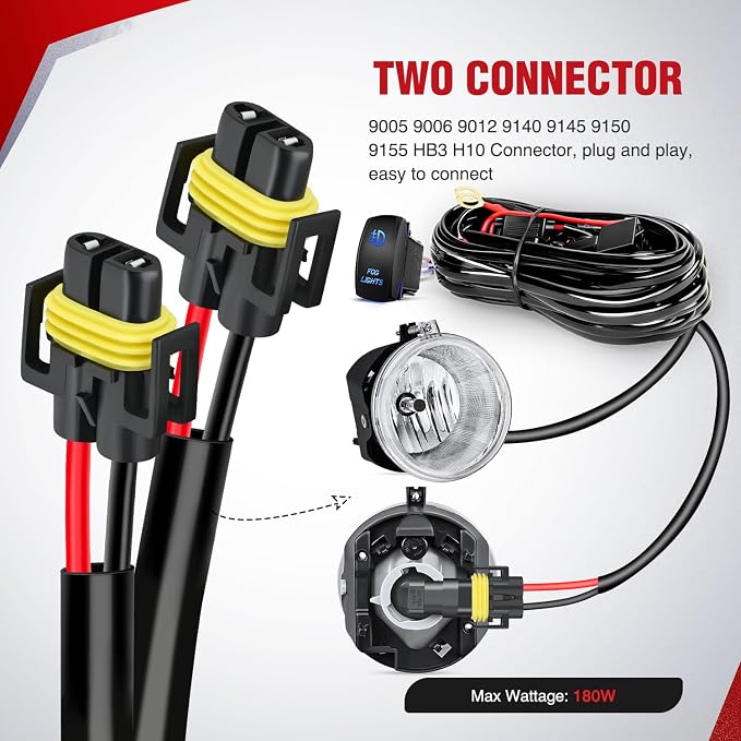 Nilight 16AWG Heavy Duty Wiring Harness Kit - 12V 5PIN Rocker Switch Relay Blade Fuse Socket Connector - Compatible with 9005 9006 9140 9145 HB3 H10 Fog Light Bulbs