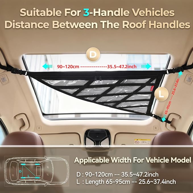 3 or 4 Handles Car Ceiling Cargo Net for Inside Car Roof 32.6 x 22.4'' | 83x57cm Univeral ,INylon Mesh PVC,interior Mesh Storage,Truck Travel Long Road Trip Camping Accessories,Sedan SUV MPV Van