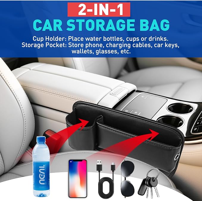 Universal PU Leather Car Seat Gap Filler Organizer with Cup Holder | Multi-Purpose Car Essentials Organizer with Phone, Keys, Card, Sunglasses and Small Items, Gifts for Car SUV Truck Owners