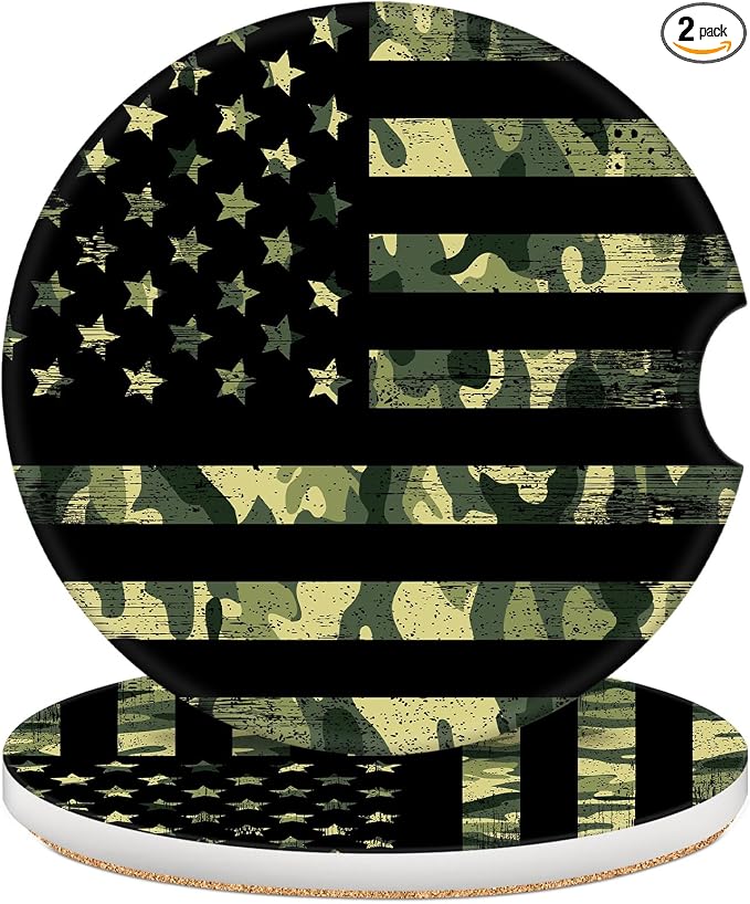 2 Pack Car Coasters for Cup Holders, 2.56" Universal Absorbent Ceramic Stone Car Cup Holder Coasters with Non-Slip Cork Base, Car Accessories for Women Men(Green Camouflage American Flag)