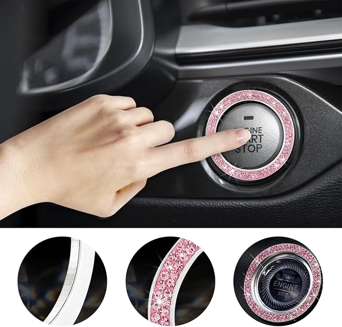 Kewucn Bling Crystal Double Rhinestone Car Engine Start Decoration Ring, Sparkling Push Start Button Sticker, Key Ignition & Knob Ring Decoration, Bling Car Interior Accessory(Pink)