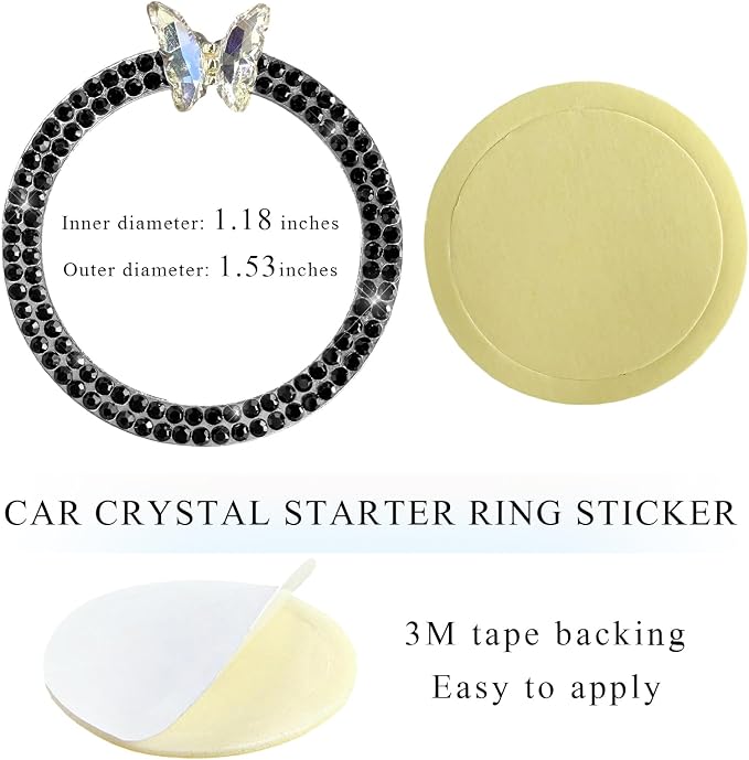 DXNQ Bling Ring Emblem, Sparkling Butterfly Car Buttons and Knobs Ring, Girly Butterfly Diamond Car Engine Start Button Cover, Key Ignition Knob Rings Decoration for Women (Black, Double Row)