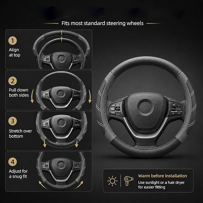 Elantrip Leather Large Steering Wheel Cover 14 1/2 inch to 15 inch Universal, Soft Grip Breathable for Car Truck SUV Jeep Anti Slip Gray