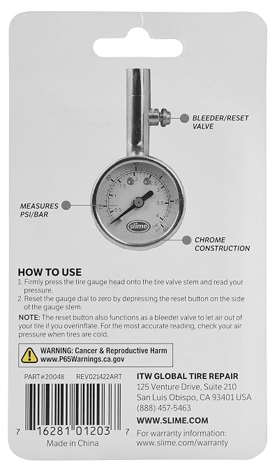 Slime 20048 Dial Gauge, Analogue, Mini, 5-60 psi with Bleeder Valve