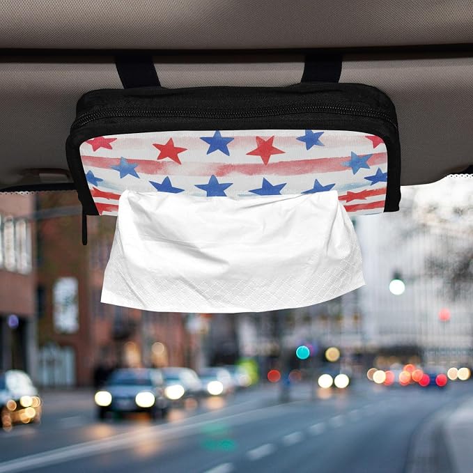 Car Visor Tissue Holder Mask Holder for Car, Car Tissue Box Sun Visor Napkin Holder Car Visor Accessories Adjustable Straps Reusable Durable Easy to Install July 4th Stripes Stars White