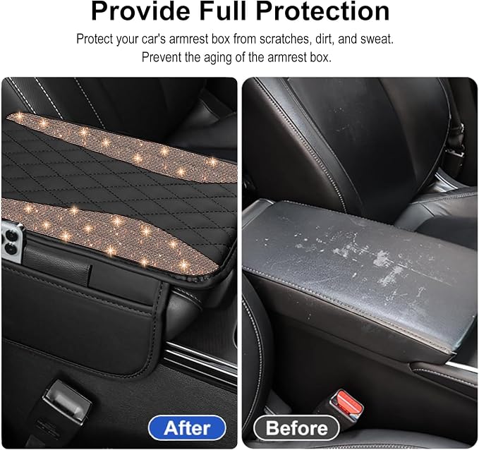 NBTEPEM Bling Car Center Console Cover, Leather Middle Console Cover with 2 Storage Bags, Universal Arm Rest Cover, Bling Car Accessories Interior Fit for Most Vehicles, Champagne Diamond