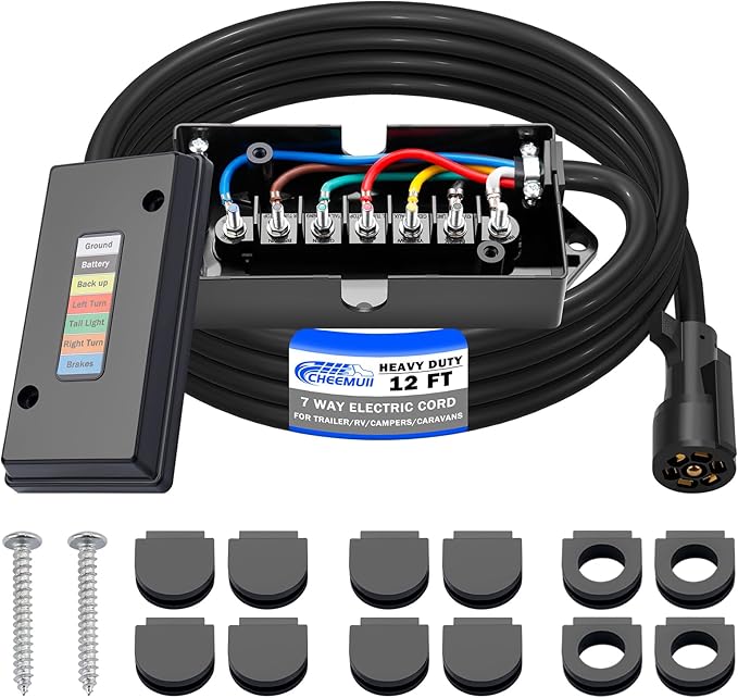 CheeMuii 12 FT 7 Way Trailer Wiring Harness Kit Heavy Duty 7 Way Trailer Cord with 7 Pin Trailer Plug and Trailer Junction Box Kit Premium Light and Brake Wiring Wires for Trailer RV