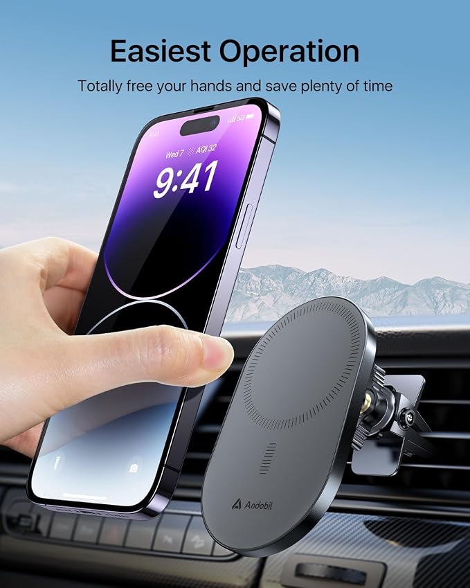 andobil 2026 Upgraded for Magsafe Car Mount [Biggest Panel, Big Phone Friendly] 360° Rotation Magnetic Phone Holder for Car Vent Suitable for iPhone 17/16/15 Pro Max Samsung S25/S24 (Grey)