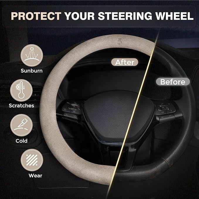 FLORICH Winter Steering Wheel Cover, Microfiber Suede Car Steering Wheel Covers with Anti-Slip Lining, Breathable Elastic Car Steering Wheel Protector Soft, Universal Standard Size 14-15 inch