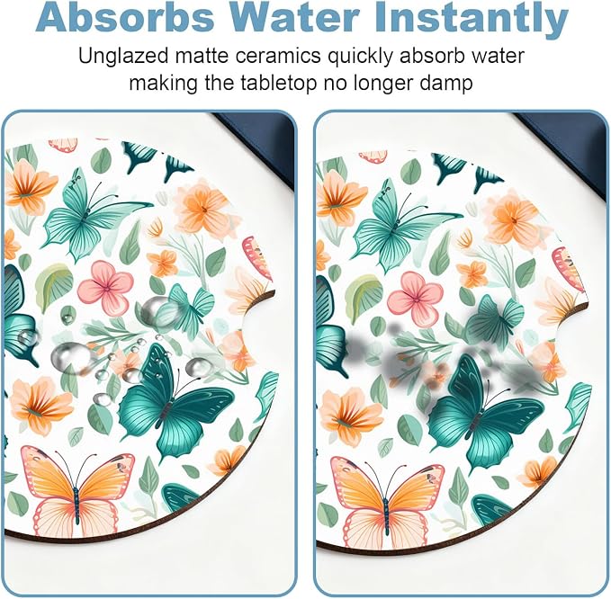 Car Cup Holder Coaster Set of 2, 2.56 in Ceramic Coasters, Scratch-Resistant Cork Backing, Finger Groove Design for Easy Placement, Cute Car Accessories Interior for Women (Butterfly)
