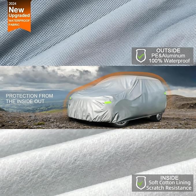 Waterproof Car Cover for SUVs 191-201 Inches, 210D Heavy Duty All Weather Auto Cover with Driver Door Zipper & Tire Straps, UV Sun Rain Snow Hail Protection