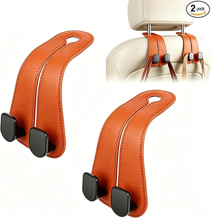 CHOSMOYI 2 Packs Car Seat Hooks, Leather Car Headrest Hook, Car Purse Hook Seat Back Hanger Storage Organizer, Car Hook for Purses and Bags(Burnt Orange)