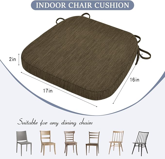 baibu Kitchen Chair Cushions Set of 2, Dual-Layer Patented Design Memory Foam Dining Chair Pads with Ties and Washable Cover, 2 Pack, 17" x 16" x 2", Brown