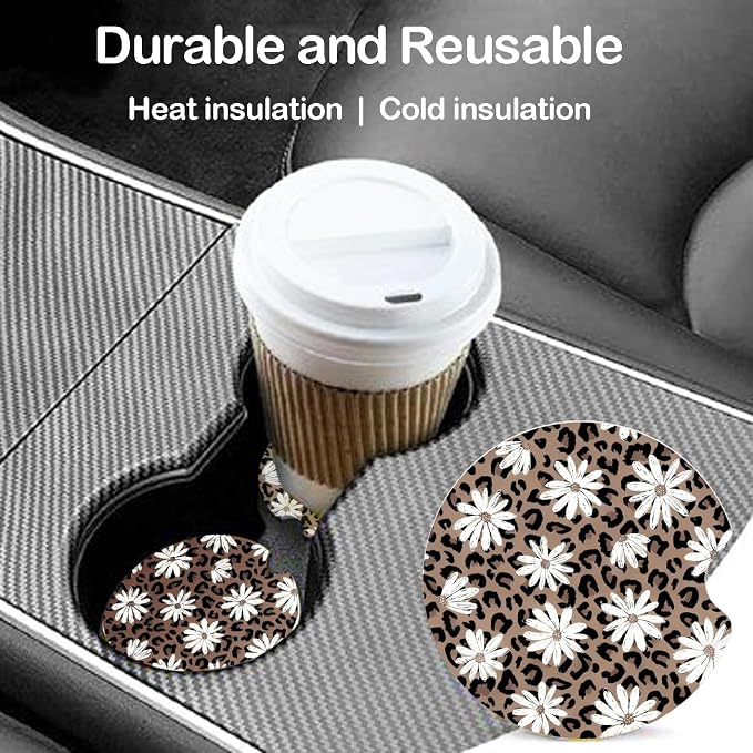 Ceramic Car Coasters – Absorbent Car Cup Holder Coaster Set for Women, Cute Aesthetic Car Accessories for Girls, 2 Pack (Sand Brown)