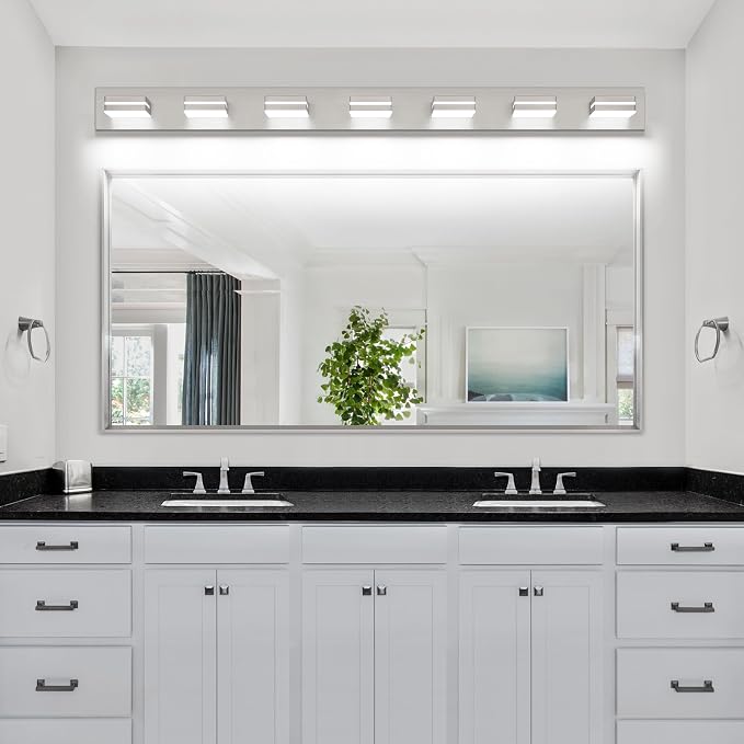 SineRise LED Modern Bathroom Vanity Light Fixtures (7-Light, 55-Inch), Brushed Nickel Modern Acrylic Bathroom Wall Lighting Fixtures Over Mirror (Cool White 6000K)