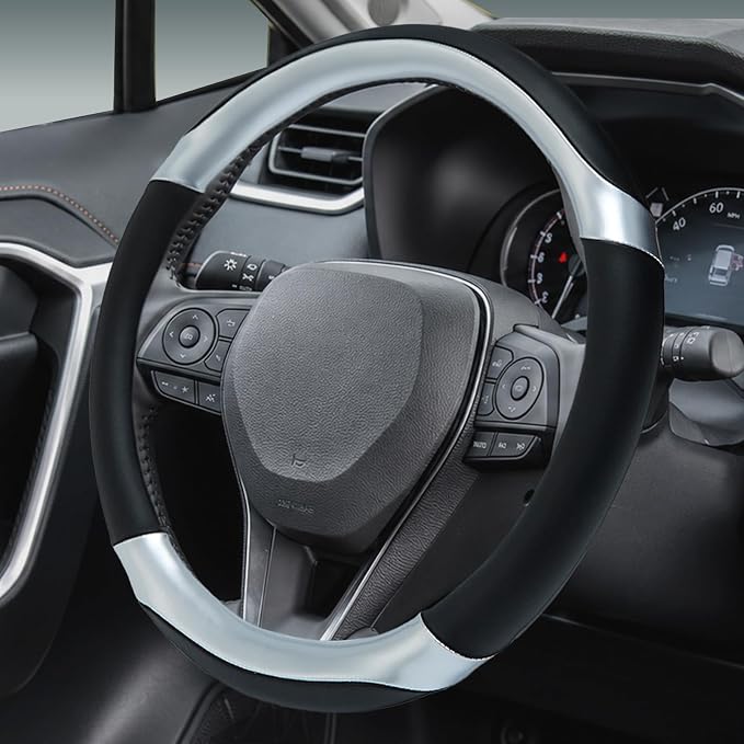 Yangday Leather Steering Wheel Cover for Toyota RAV4 Corolla Camry Highlander, 14.5-15 inches Car Steering Wheel Cover with Non-Slip Breathable (Bright Silver)