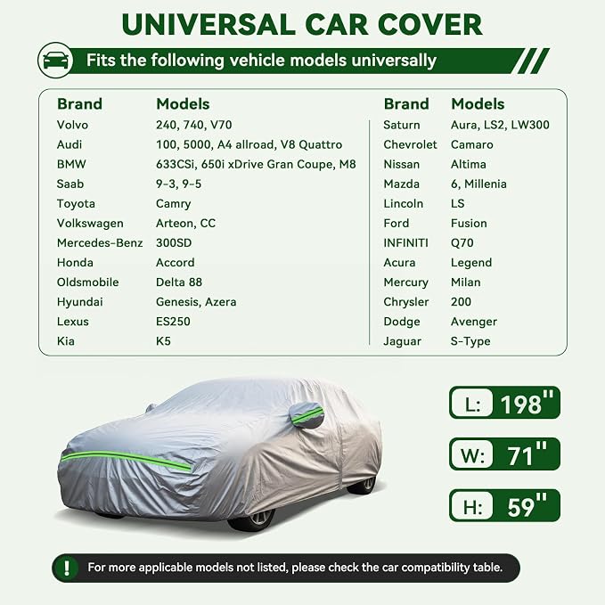 AUQDD 6-Layers Premium Sedan Car Cover Waterproof All Weather Weatherproof UV Sun Protection Snow Dust Storm Resistant Outdoor Exterior Custom Form-Fit Full Padded Car Cover with Straps 188"-198" K3