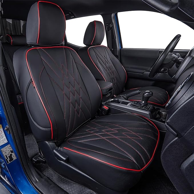 EKR Custom Fit Tacoma Leather Car Seat Covers for Toyota Tacoma 2012 2013 2014 2015 (TRD Sport Seats)- Full Set,Faux Leather(Black with Red Trim)