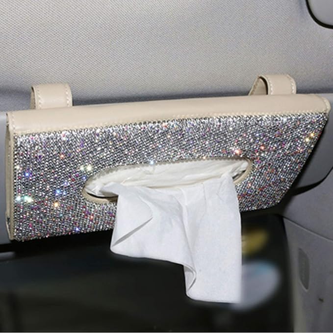 【2026 Upgraded】 Bling Car Sun Visor Tissue Box with Refills Paper Towels, PU Leather Backseat Mask Case,Crystal Sparkling Napkin Holder, Handmade Decoration Accessories for Women,Girls,Ladies as Gift