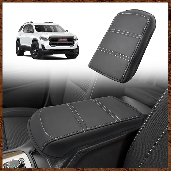 Muslogy Center Console Armrest Cover Fit for Acadia 2017-2023 Accessories, Comfort Armrest Pad Console Lid Cushion Vegan Leather Regular Thick (Black/White Trim)