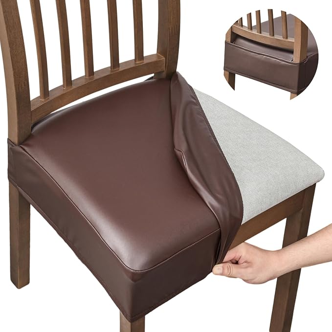NILUOH Waterproof Seat Covers for Dining Room Chairs Set of 2, 21 Inches Pu Leather Dining Chair Cover Removable Washable Chair Protctor Cover, Rear Covers (PU-Coffee)