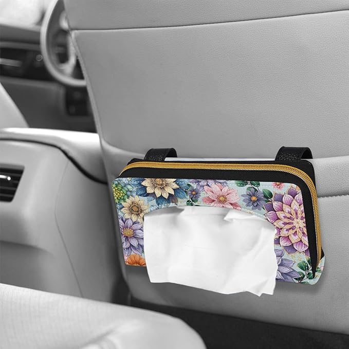 Boho Flower Automotive Visor Tissue Holder PU Leather Tissues Box Cover for Car Tissue Box for Sun Visor & Back Seat