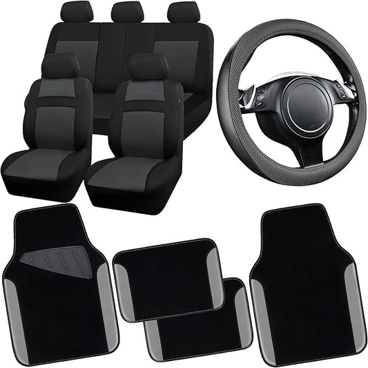 CAR PASS 3D Air Mesh Car Seat Covers Full Sets w/5mm Sponge, 4Pcs Waterproof Car Floor Mats, Steering Wheel Cover Universal Fit for SUV Sedan Truck, Airbag Compatible Automotive Interior(Black Gray)