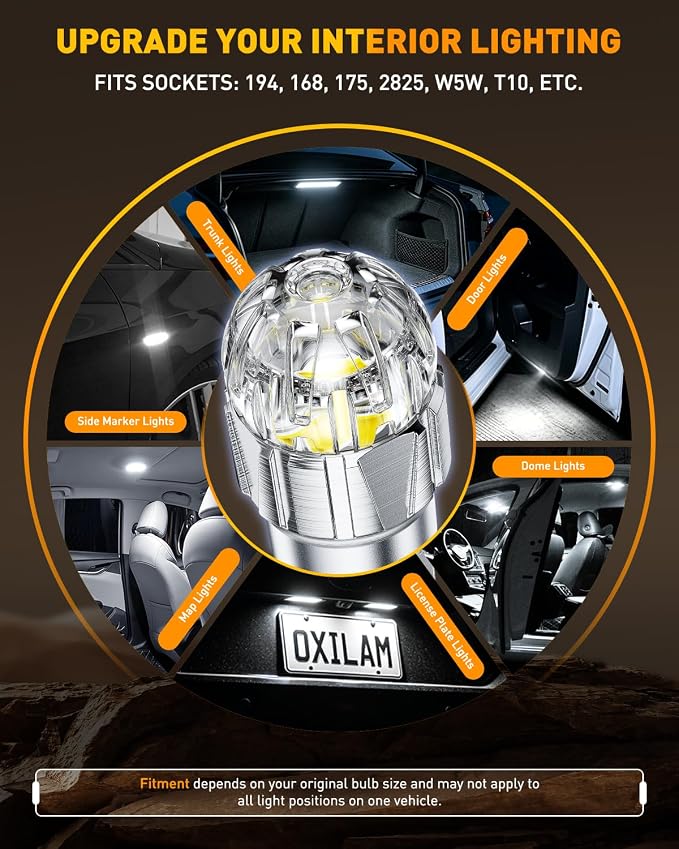 OXILAM 194 LED Bulb for License Plate Bulb Super Bright, 168 T10 W5W 2825 LED Bulb for Dome Door Map Courtesy Trunk Cargo Dash LED Interior Light Bulb, Pack of 2