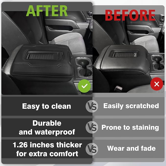 Muslogy Center Console Armrest Cover Fit for Chevy Silverado & GMC Sierra 1500 2500 3500 2014-2018 Tahoe/Yukon/Suburban 2015-2020, Comfort Armrest Pad Console Lid Cushion Extra Thick(Bucket Seat)